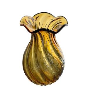Amber Hand Blown Glass Vase Swirl Ruffle Edge 7.5" Tall Heavy Duty